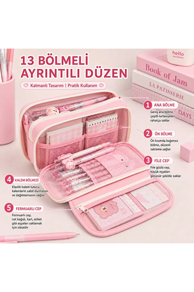 Çok Bölmeli Geniş Kapasiteli Basic Kalemlik Kalem Kutu - Pembe